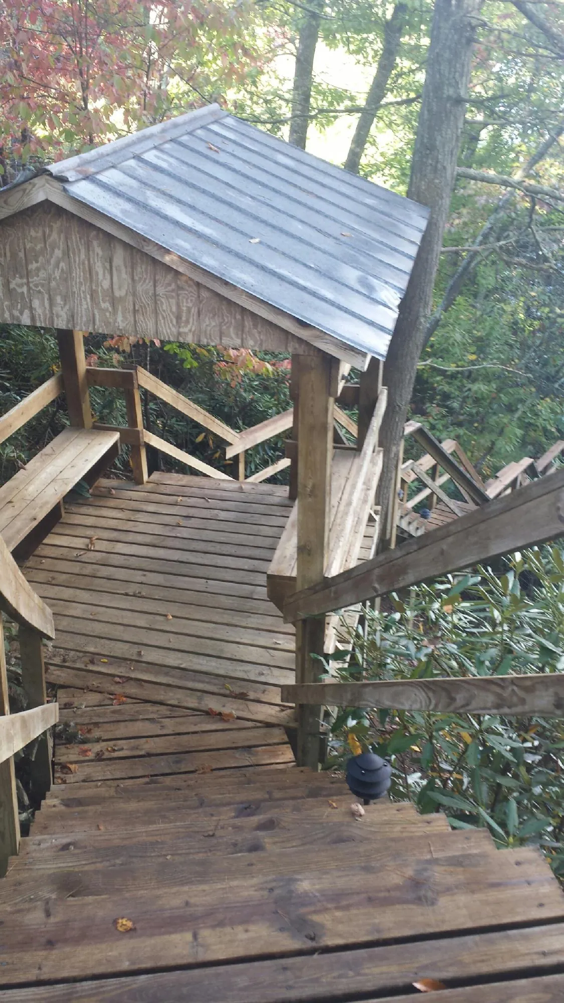 Metal roofed shelter over wooden steps on a wooded walkway — Skylight Repair & Installation work by our crew in Aspen